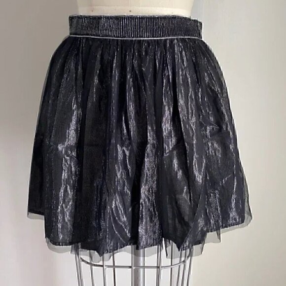 DECREE Black Silver Metallic Shimmer Tulle Elastic Waist Mini Tutu A-Line Skirt - Picture 1 of 15